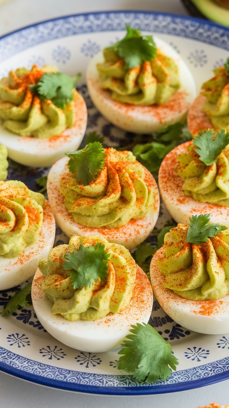 Spicy avocado deviled eggs garnished with cilantro