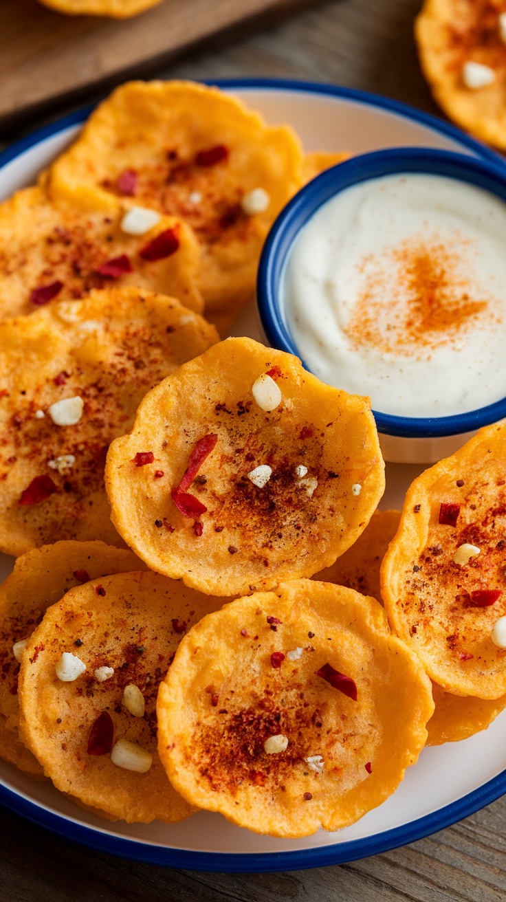 Plate of spicy cheese crisps with a creamy dip