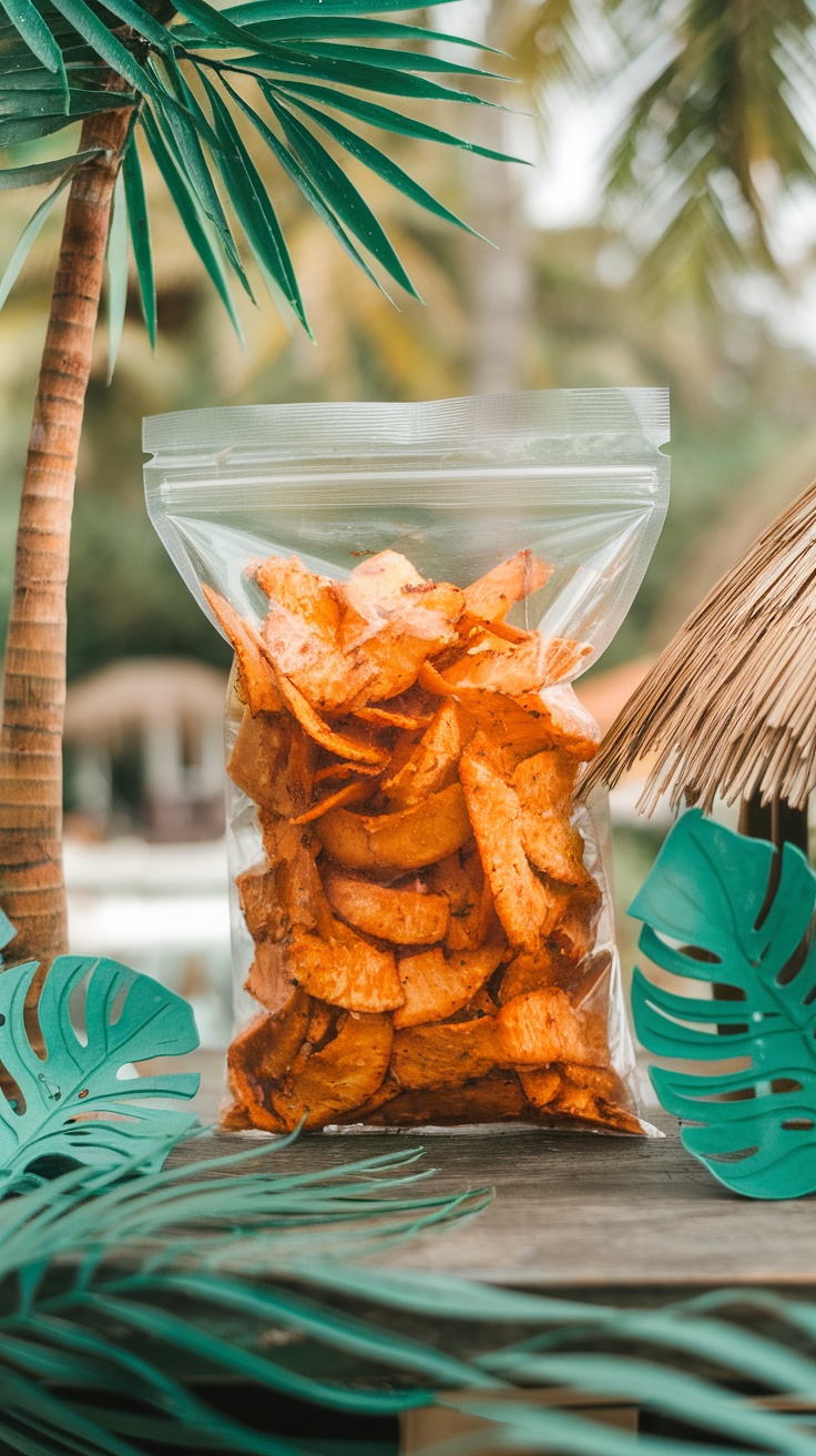 A pack of spicy coconut chips on a wooden table surrounded by tropical leaves.