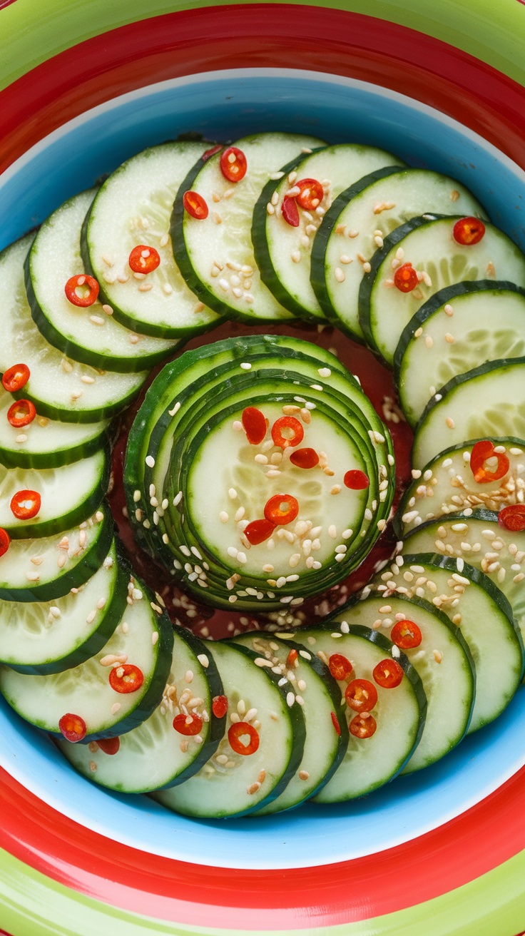 A colorful and vibrant spicy cucumber salad with slices of cucumber, chili peppers, and sesame seeds.