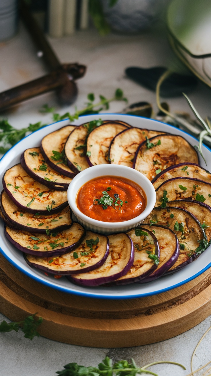 A plate of spicy eggplant chips served with a dipping sauce.