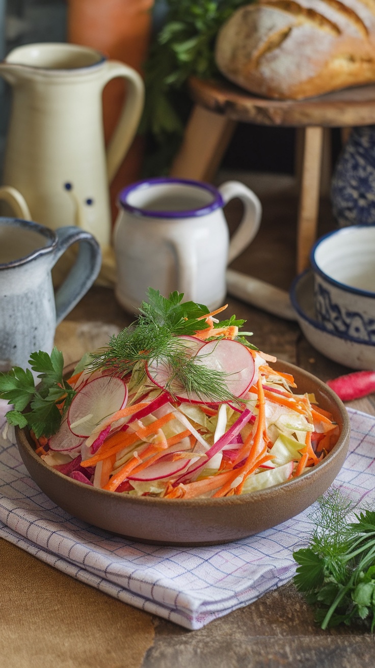 A colorful bowl of spicy radish slaw with fresh ingredients.