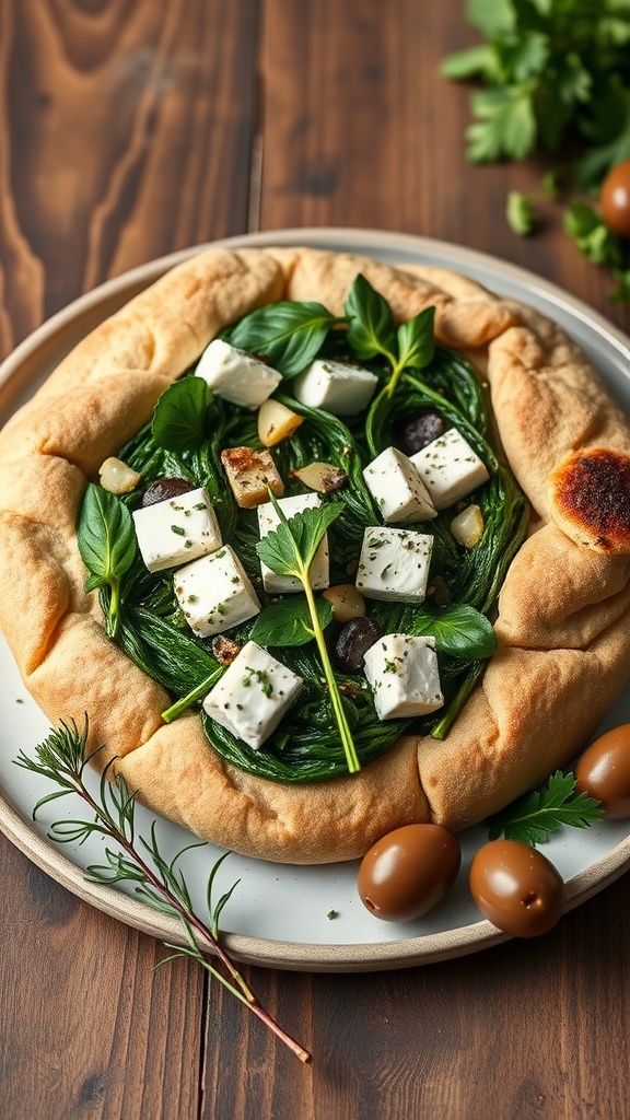 Spinach and feta stuffed whole wheat pita on a plate with herbs and olives