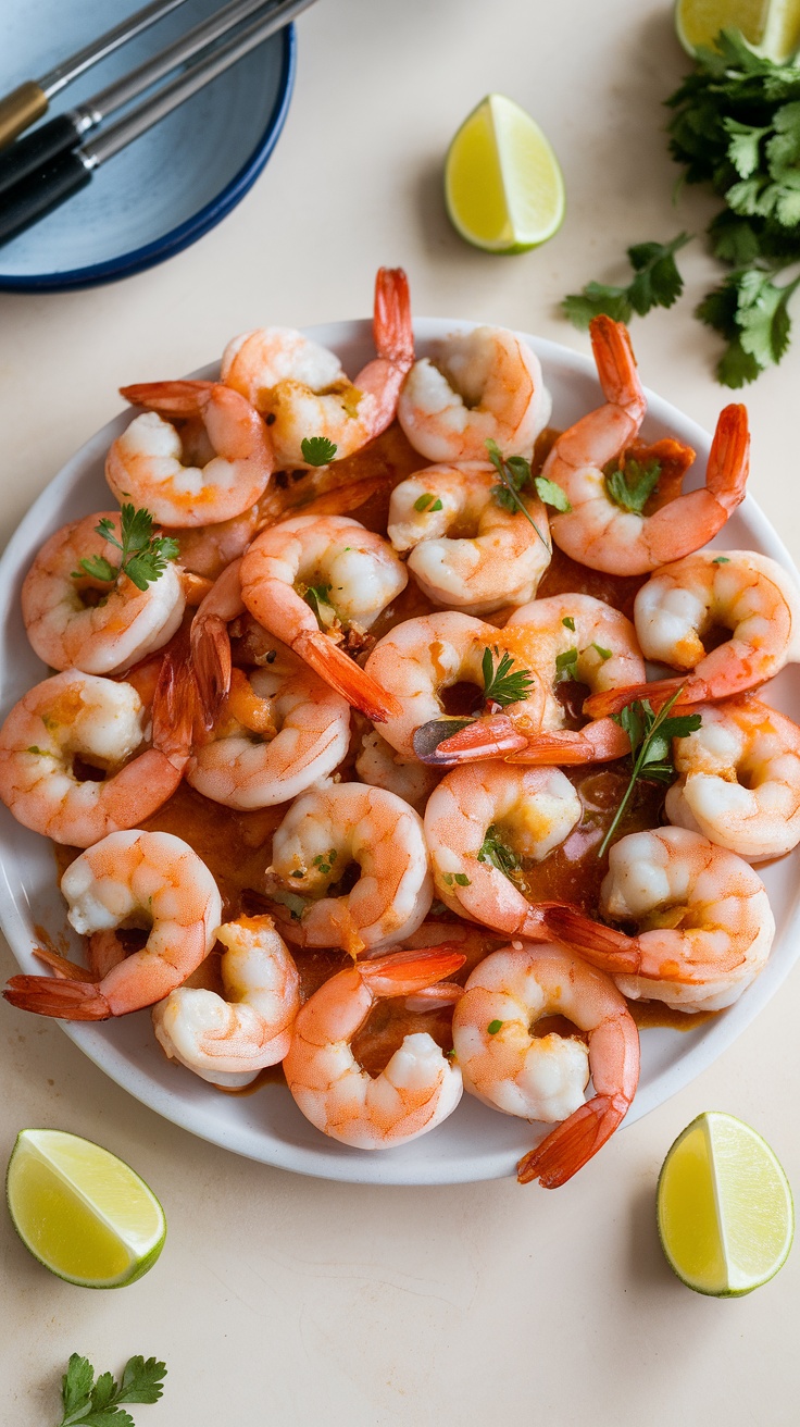 Plate of spicy Sriracha and garlic shrimp garnished with cilantro and lime