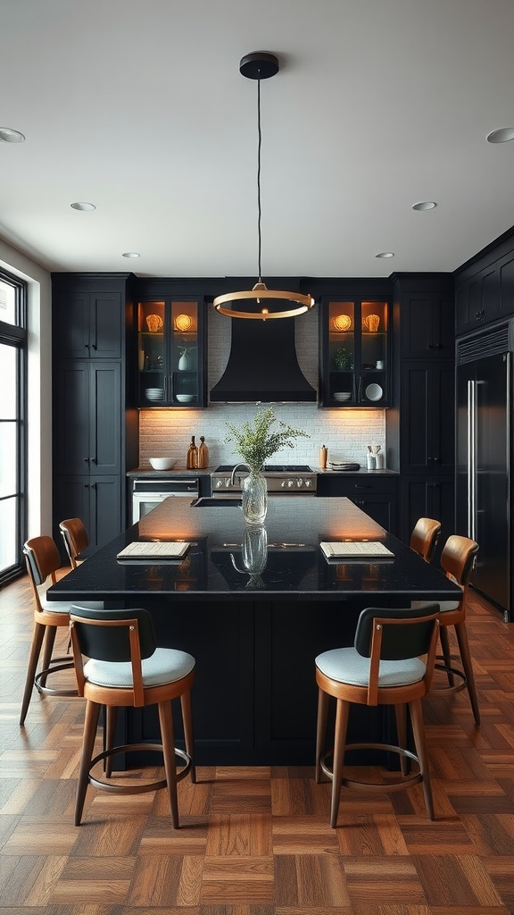 A modern kitchen featuring a black island with wooden chairs and dark cabinetry.