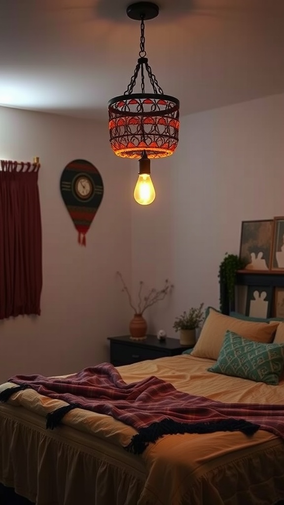 A cozy bohemian bedroom with a vintage-style pendant light, warm colors, and soft bedding.