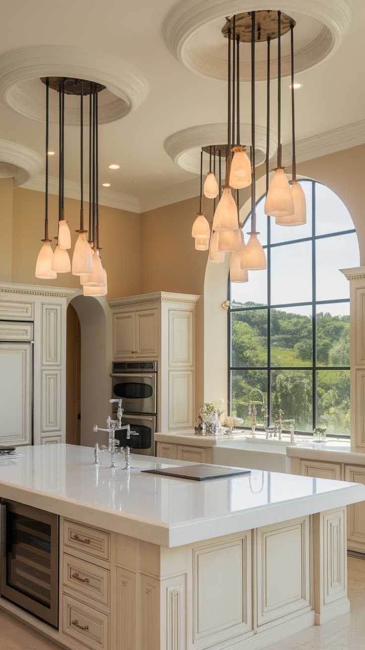 Modern kitchen with elegant statement lighting fixtures