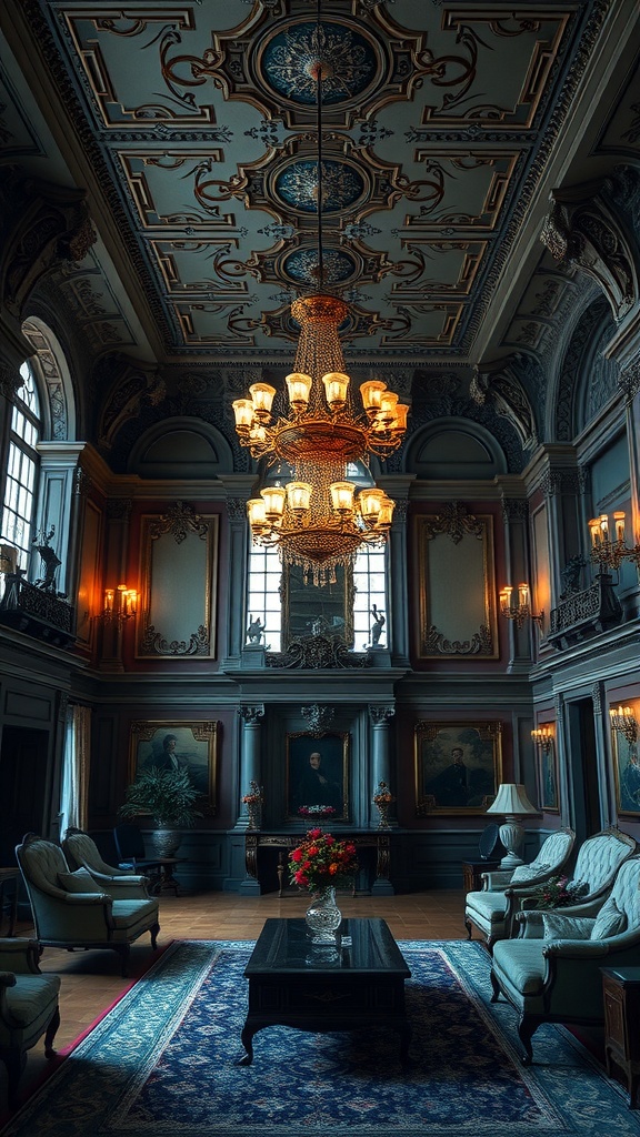 A beautifully decorated Victorian living room featuring intricate ceiling design and a stunning chandelier.