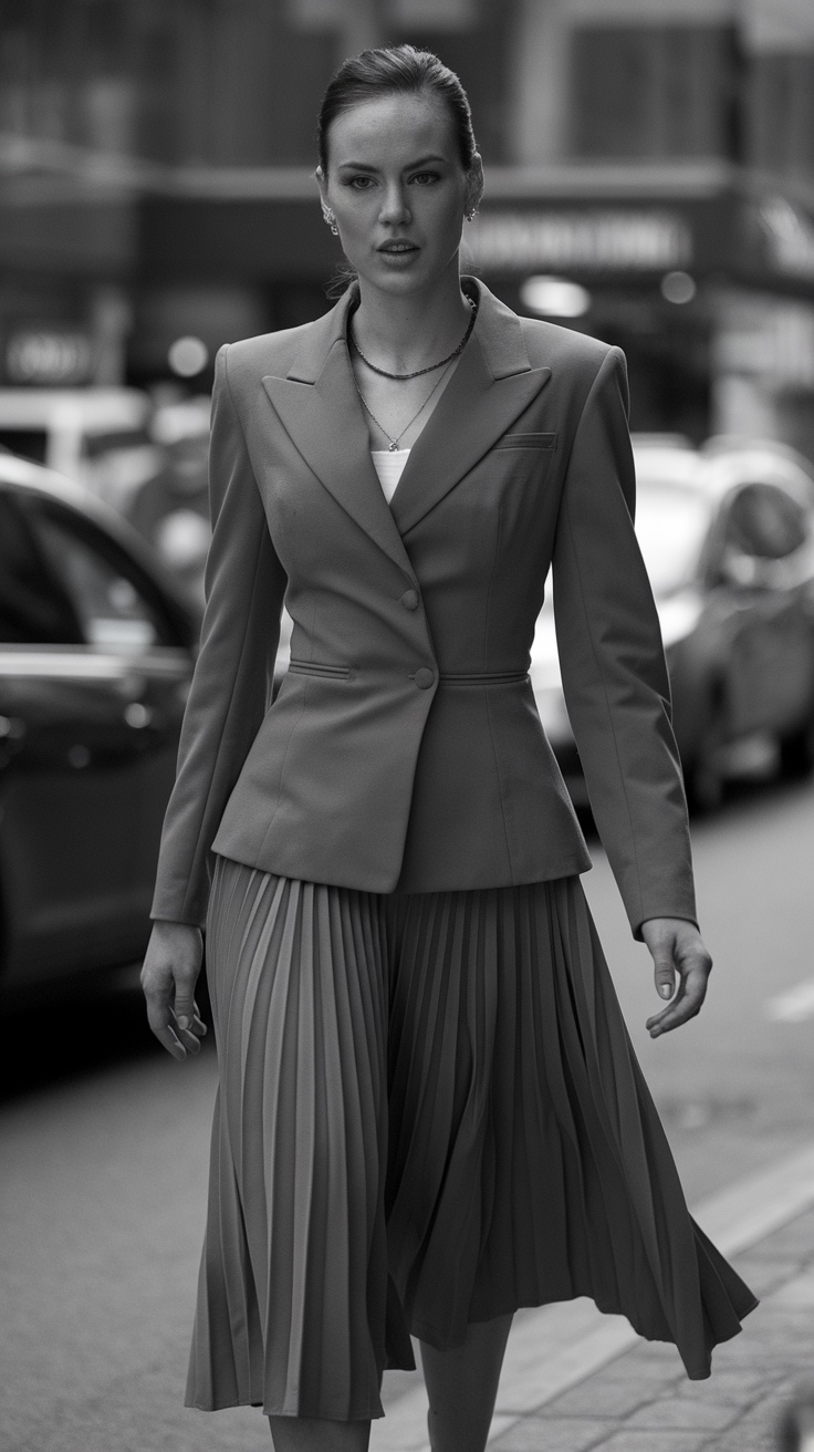 Woman wearing a structured blazer and pleated skirt walking on the street.