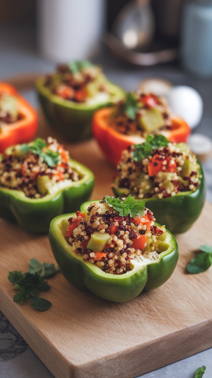 Colorful stuffed bell peppers filled with quinoa and vegetables on a wooden cutting board.