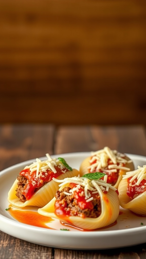 Stuffed shells filled with ground beef and cheese, topped with marinara sauce and cheese.