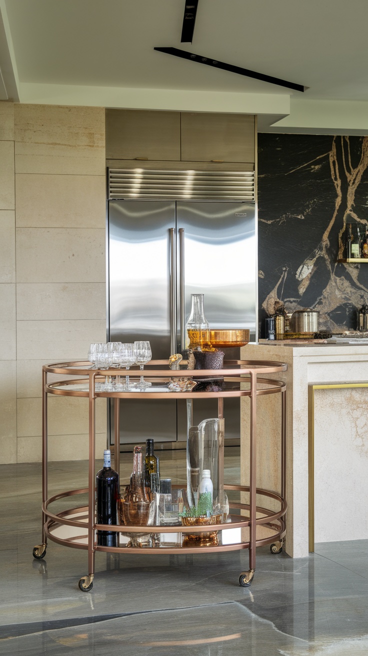 A modern luxury kitchen featuring a stylish bar cart with drinks and glassware.