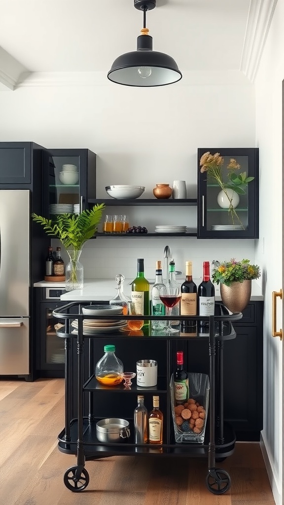 A stylish black bar cart with drinks and snacks in a modern kitchen setting.