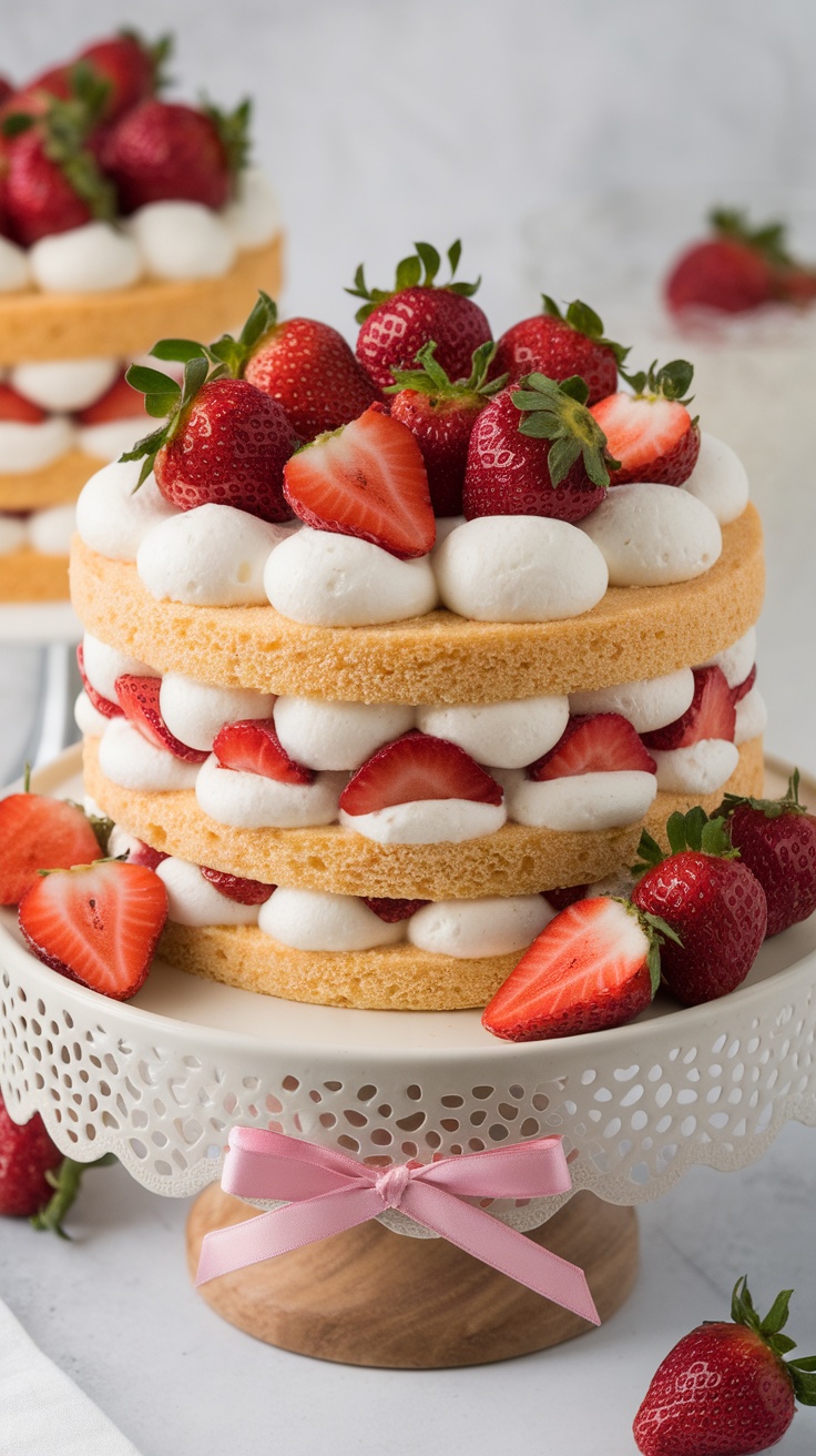 A beautifully layered sugar-free strawberry shortcake served on a decorative cake stand.