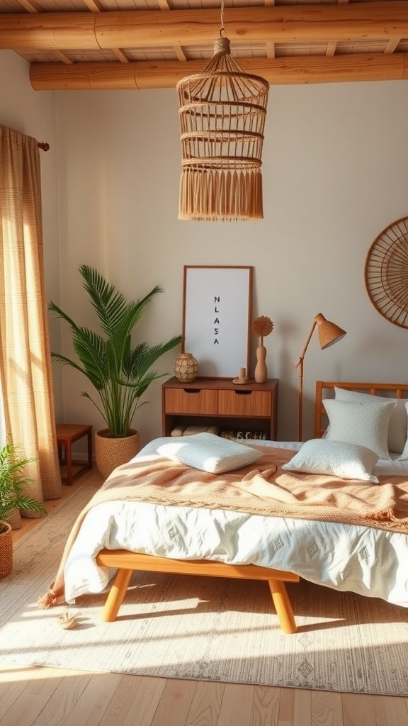 A cozy bohemian bedroom featuring natural materials and plants.