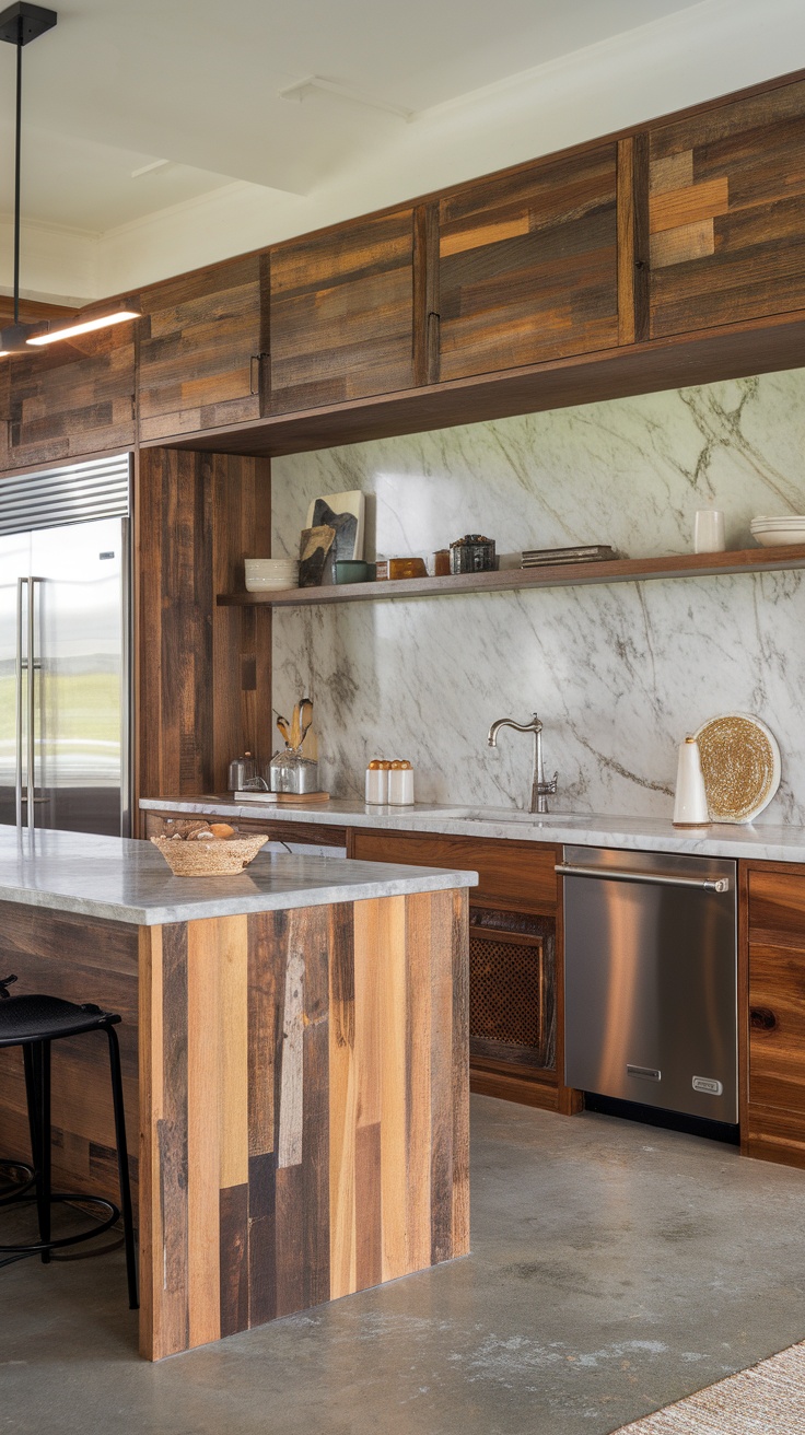 A modern luxury kitchen showcasing sustainable materials like reclaimed wood and natural stone.