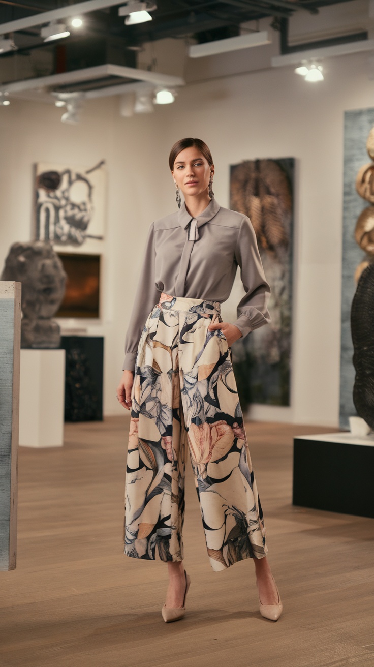 A woman wearing a tailored blouse and printed culottes in an art gallery setting.