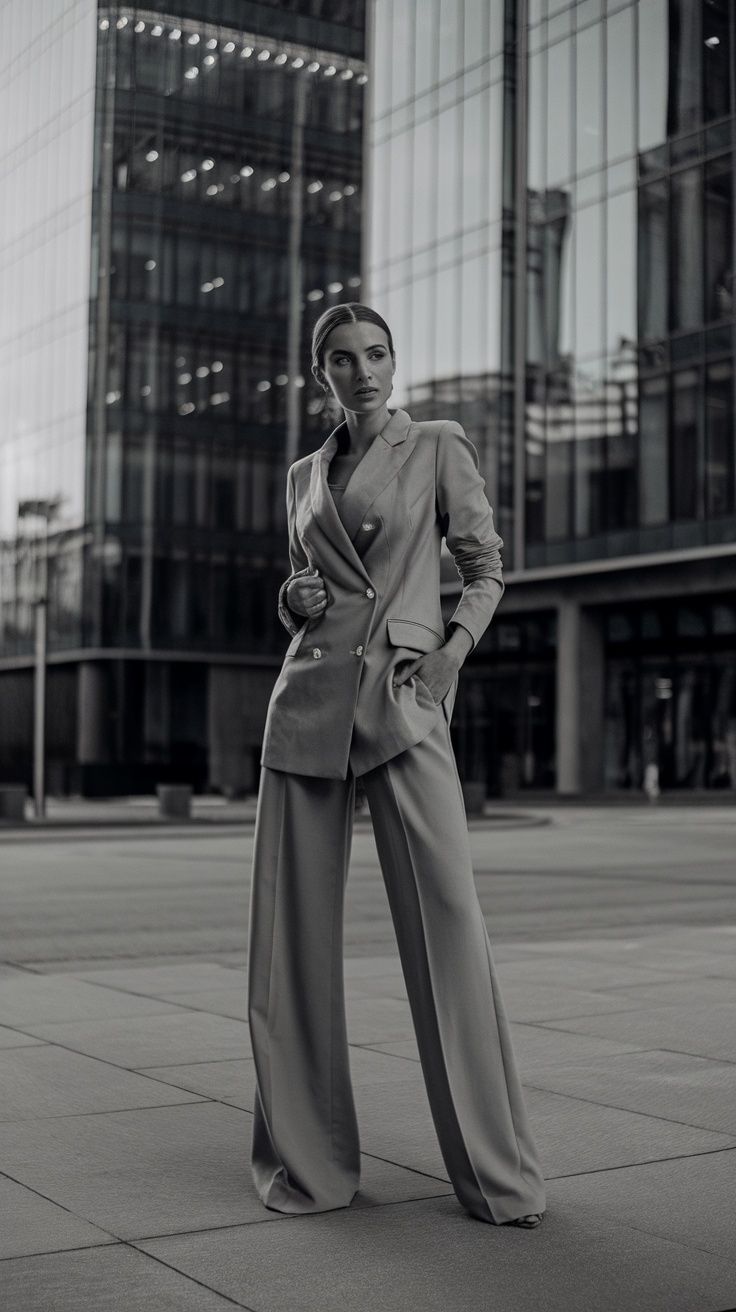 A woman wearing a tailored linen blazer with wide leg trousers, posing confidently outdoors.