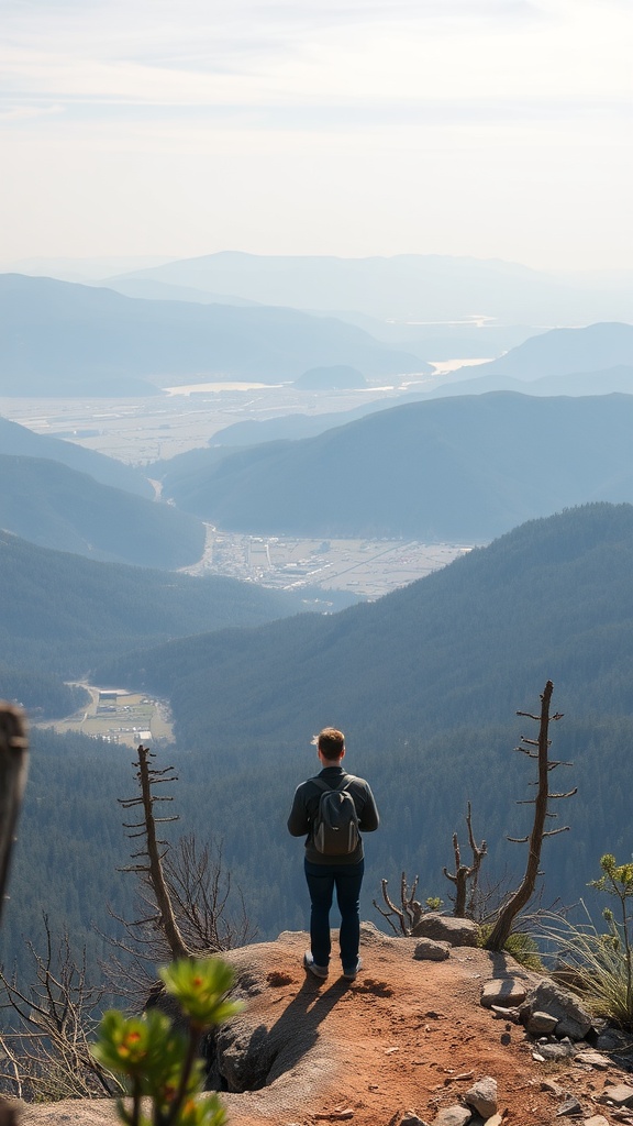 A person standing on a rocky outcrop overlooking a scenic mountain view.