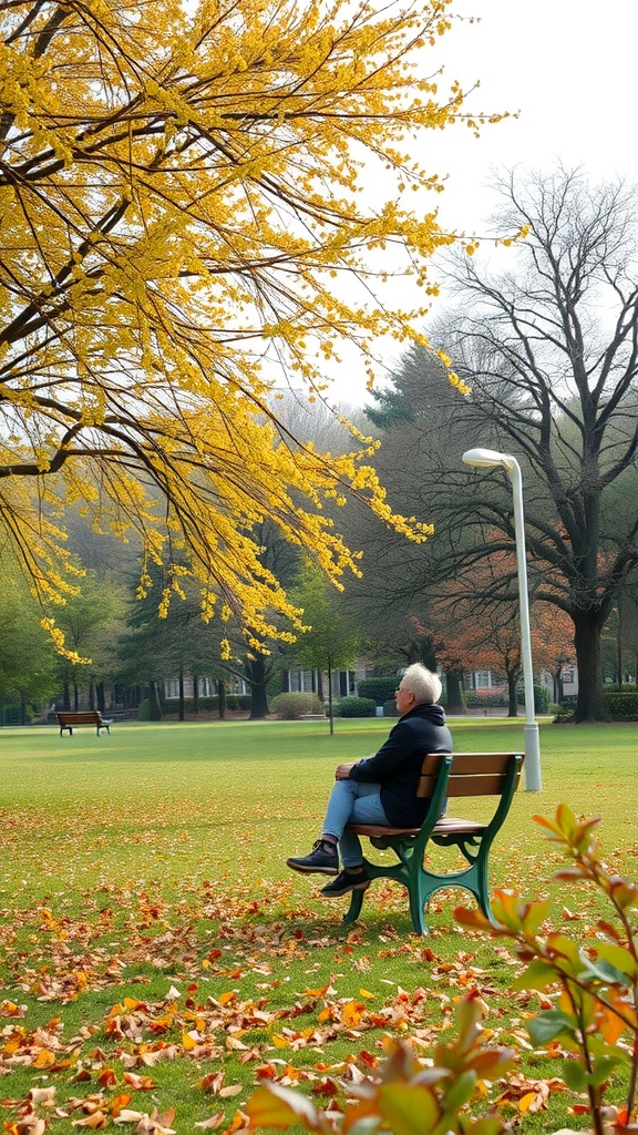 A person sitting on a bench in a park surrounded by yellow leaves and trees