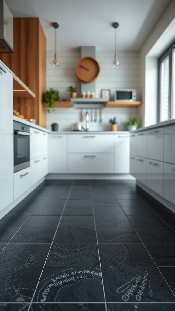 A kitchen featuring textured black tile flooring and modern decor.