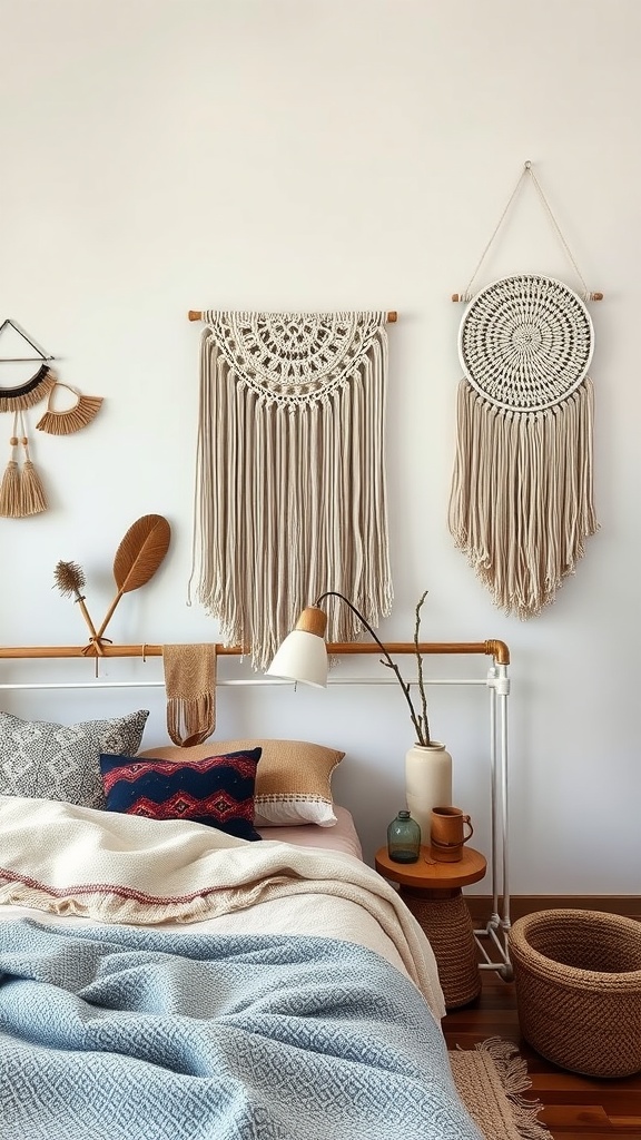 Artistic bohemian bedroom with textured wall hangings and cozy decor.