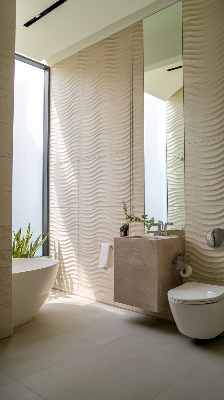 A modern bathroom featuring textured wall panels with a wavy pattern.