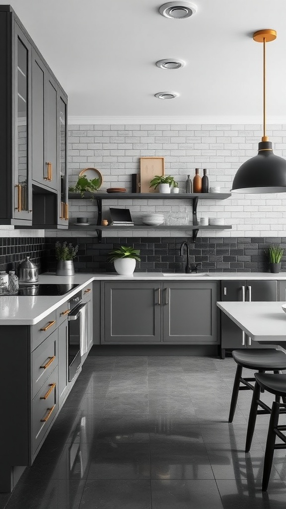 A modern kitchen featuring black and gray cabinets with a clean design.