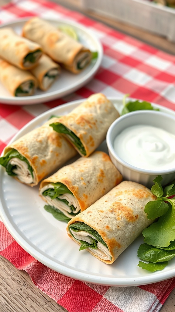 Plate of turkey and spinach roll-ups with a bowl of Greek yogurt dip