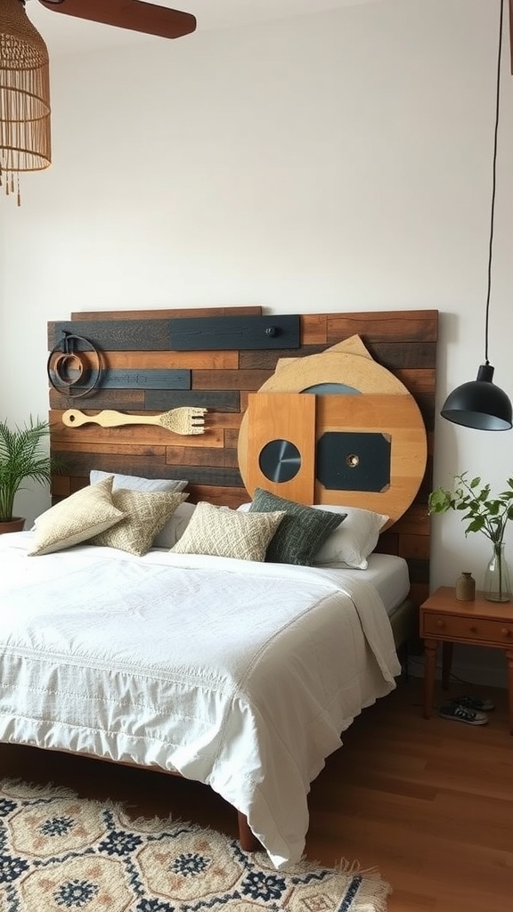 A unique wooden headboard featuring assorted shapes and textures in a cozy bedroom.