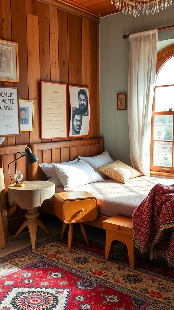 Cozy bohemian bedroom featuring unique nightstands and warm decor.