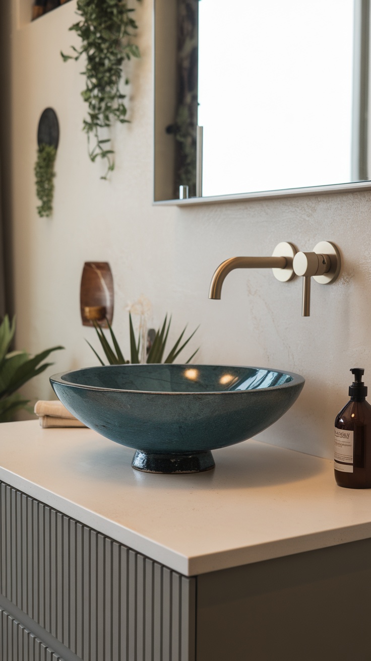 A stylish bathroom featuring a unique blue vessel sink on a modern countertop.