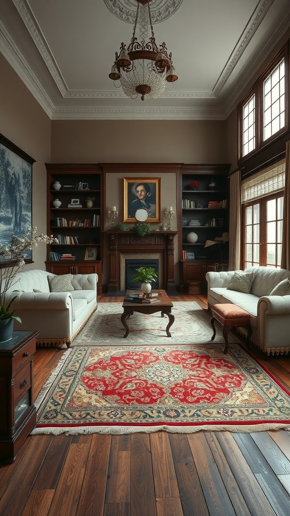 A Victorian living room featuring elegant furniture and a decorative area rug.