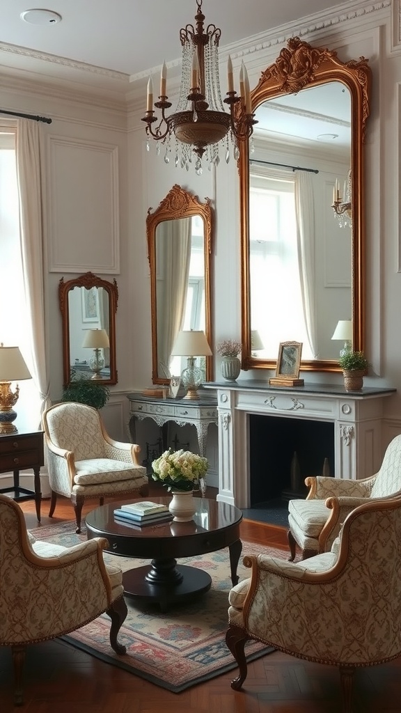 Elegant Victorian living room with ornate mirrors and classic furnishing