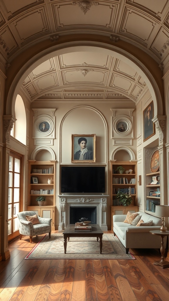 Elegant Victorian living room with intricate architectural features, bookshelves, and comfortable seating.