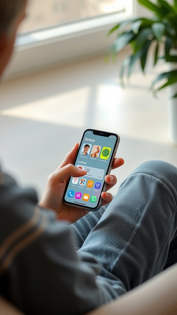 A person using a smartphone to access stress-relief apps, sitting comfortably in a bright room.