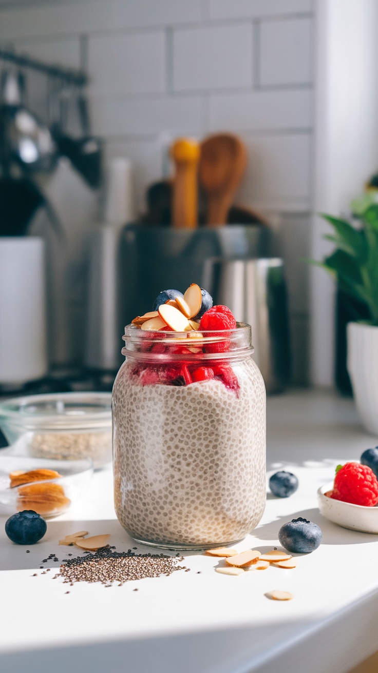 A jar of vanilla chia seed pudding topped with berries and almonds.