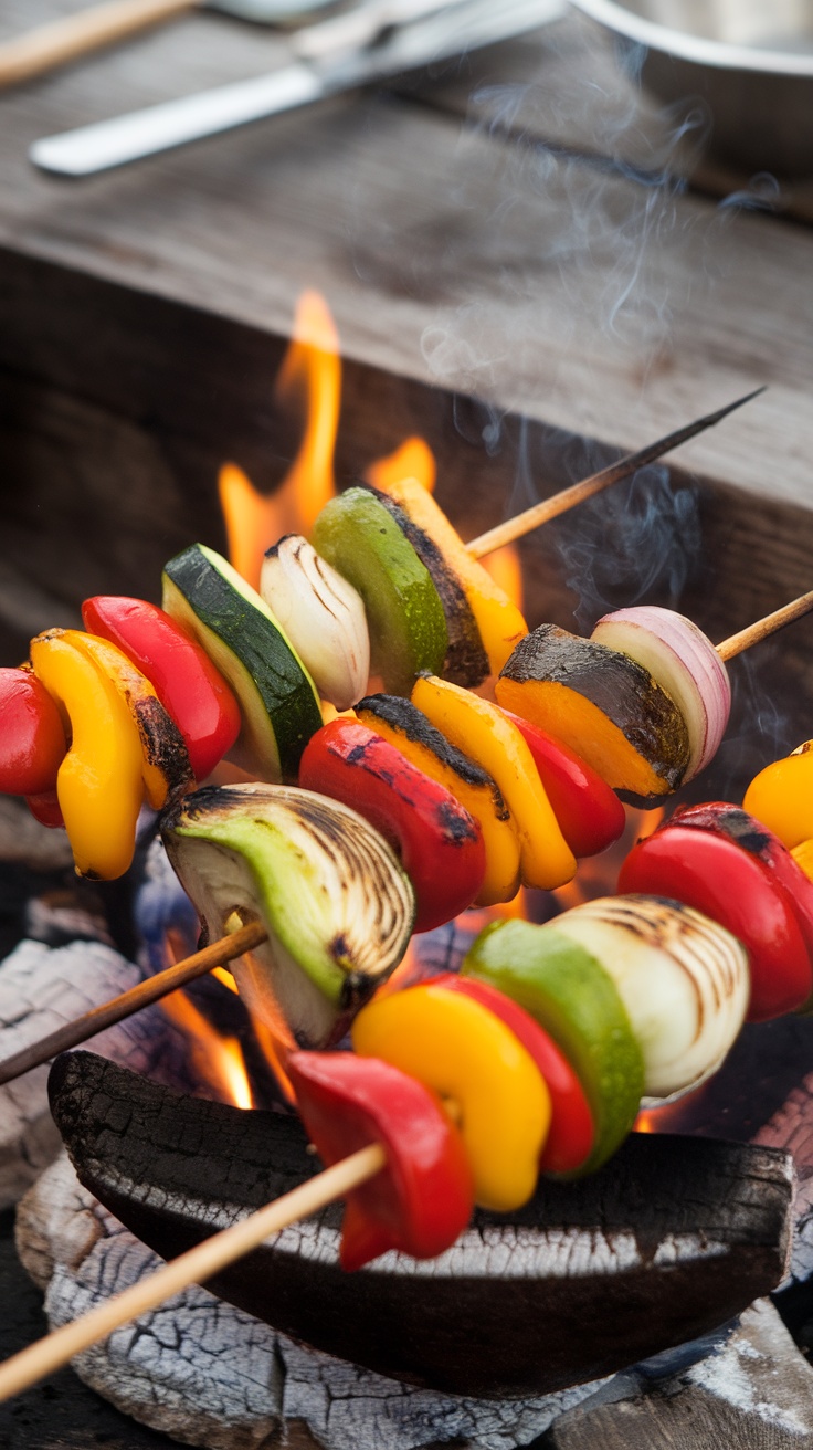 Colorful vegetable skewers grilling over an open flame