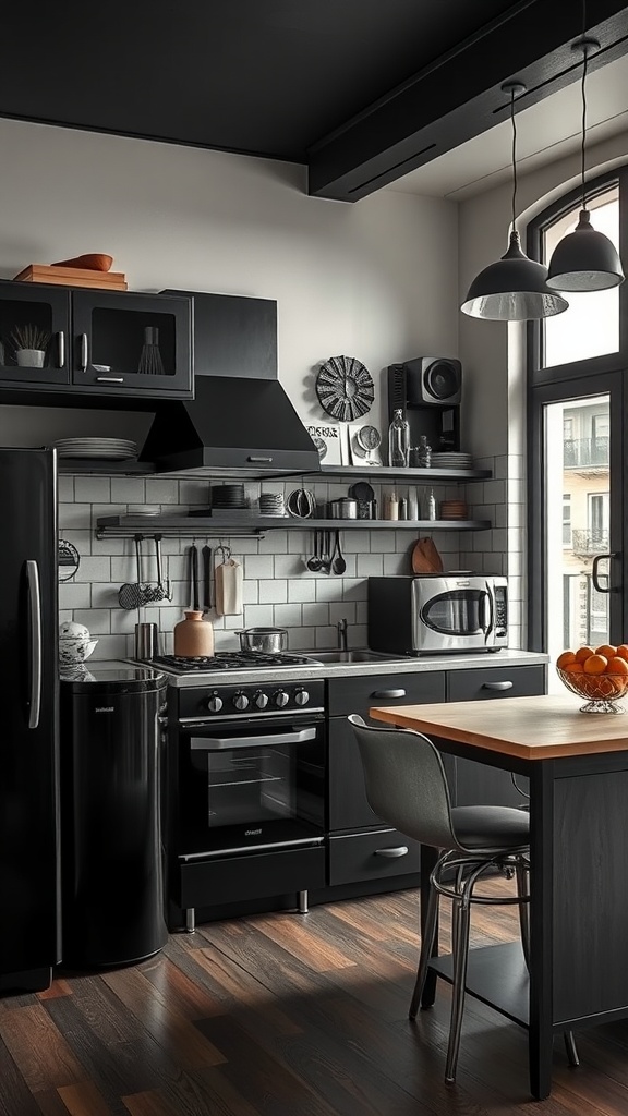 A modern black kitchen featuring black cabinets and wooden elements.