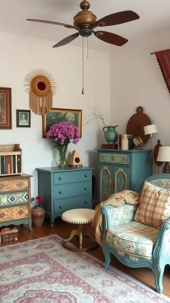 A cozy vintage-inspired bedroom with colorful furniture and decor