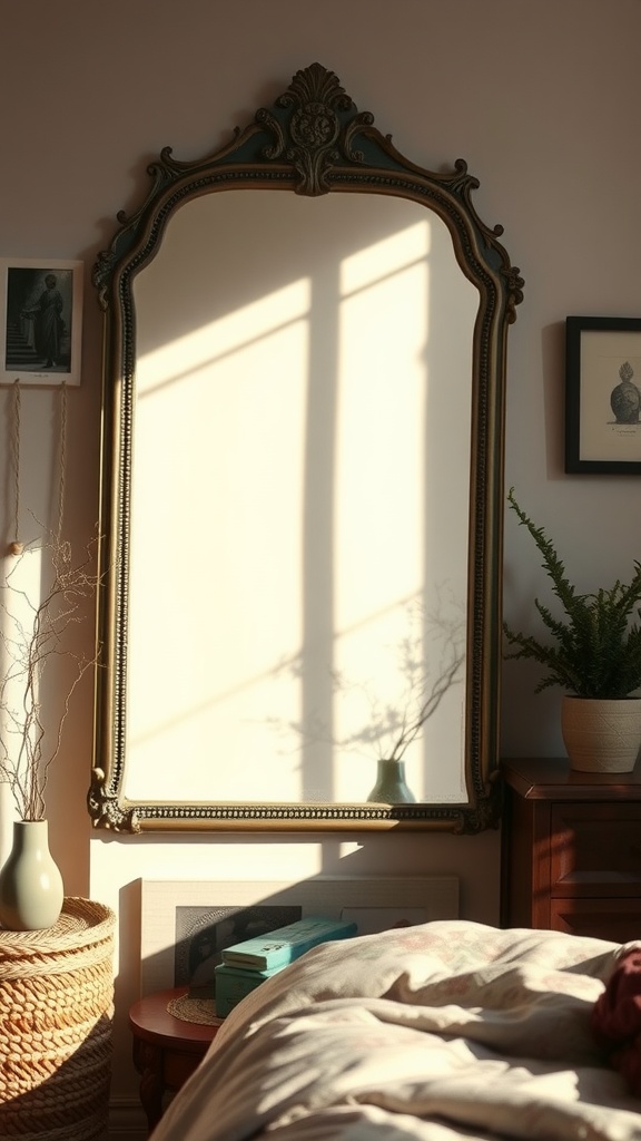 A vintage-style mirror reflecting light in a cozy bedroom setting.