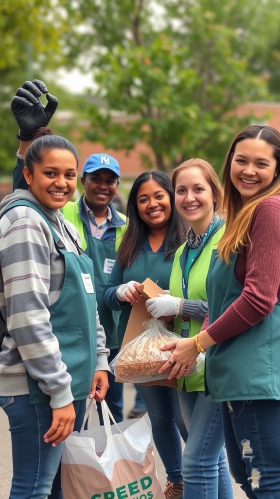 A diverse group of volunteers smiling and holding food supplies while wearing bright vests.