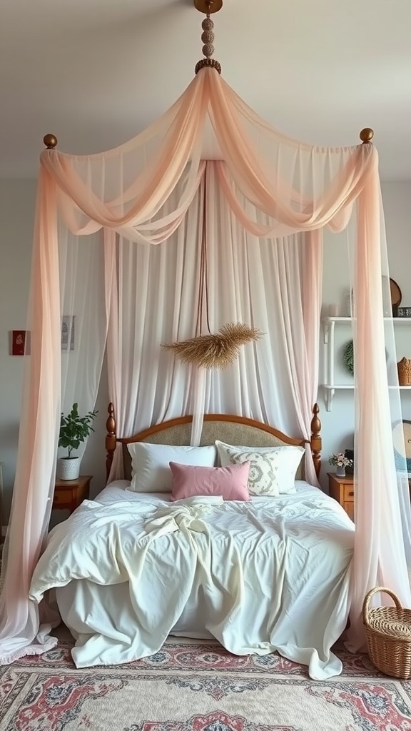 A whimsical canopy bed with soft, flowing fabrics and a cozy arrangement.