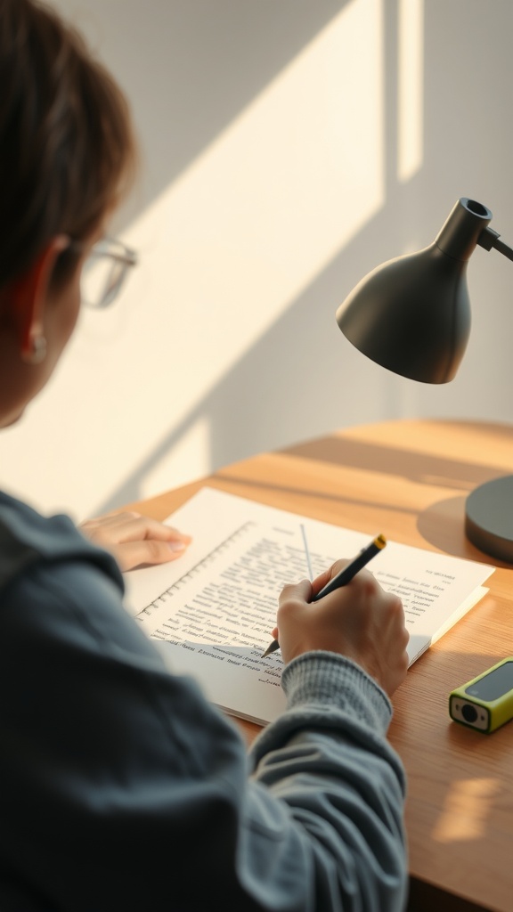 A person writing on a notepad with a pencil, illuminated by a lamp.