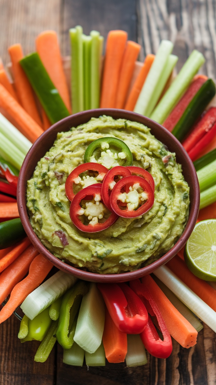 A bowl of zesty guacamole topped with sliced jalapeños, surrounded by colorful vegetable sticks.