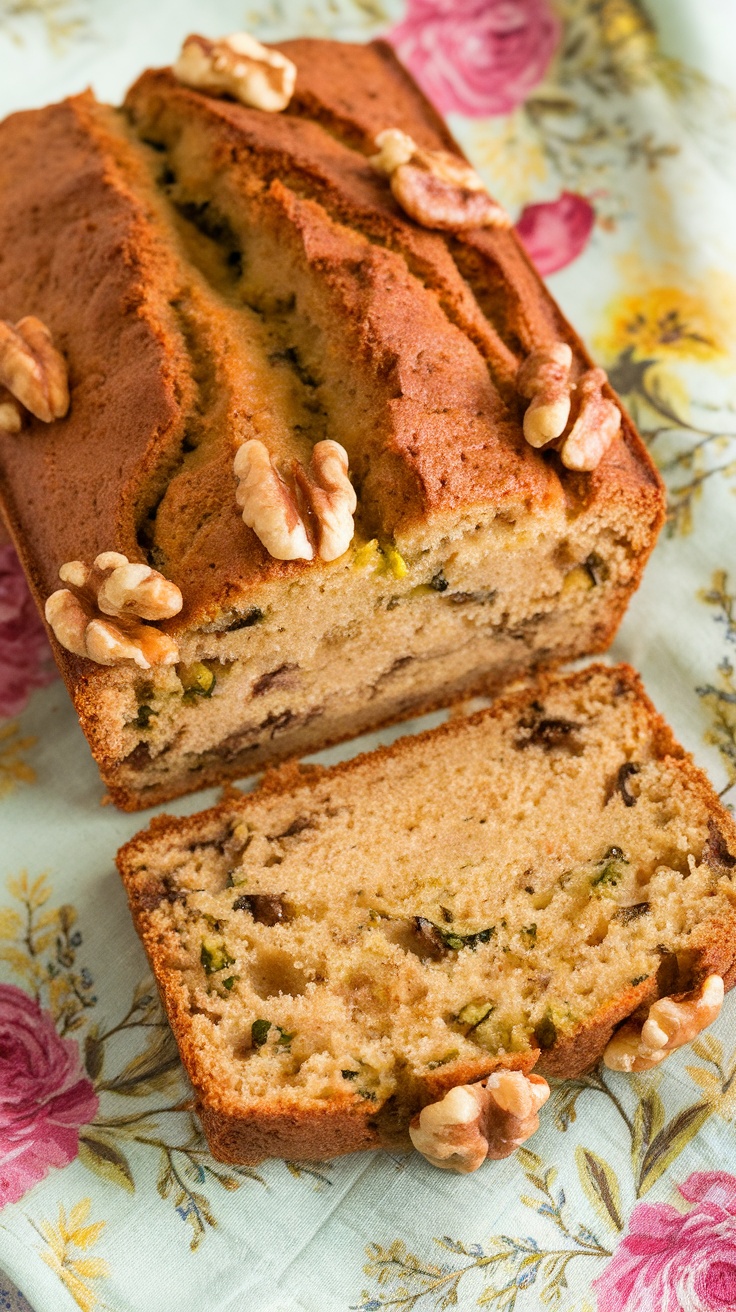 Loaf of zucchini bread with walnuts, sliced and placed on a floral background.