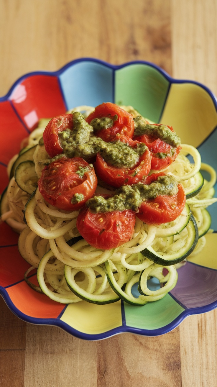 A colorful plate of zucchini noodles topped with pesto and roasted tomatoes.