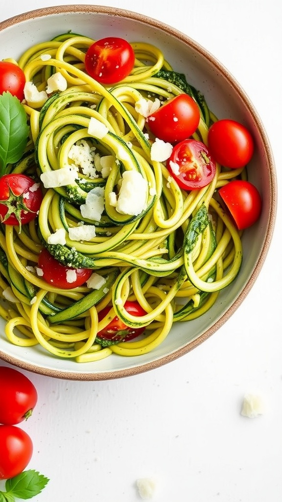 A bowl of zucchini noodles topped with pesto and cherry tomatoes, garnished with cheese.