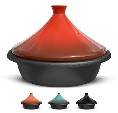 KooK Moroccan Tagine, Enameled Cast Iron Cooking Pot, Tajine with Ceramic Cone-Shaped Closed Lid, 3.3 QT, (Crimson)