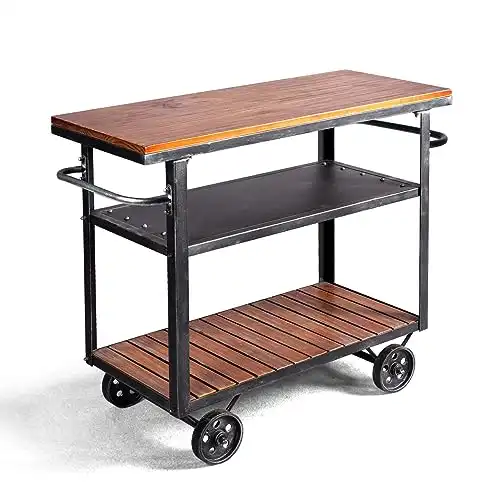 BOKKOLIK Vintage Rolling Bar Cart on Wheels Industrial Mobile Serving Cart Metal and Wood Design for Kitchen Bar Office Coffee House 36.2